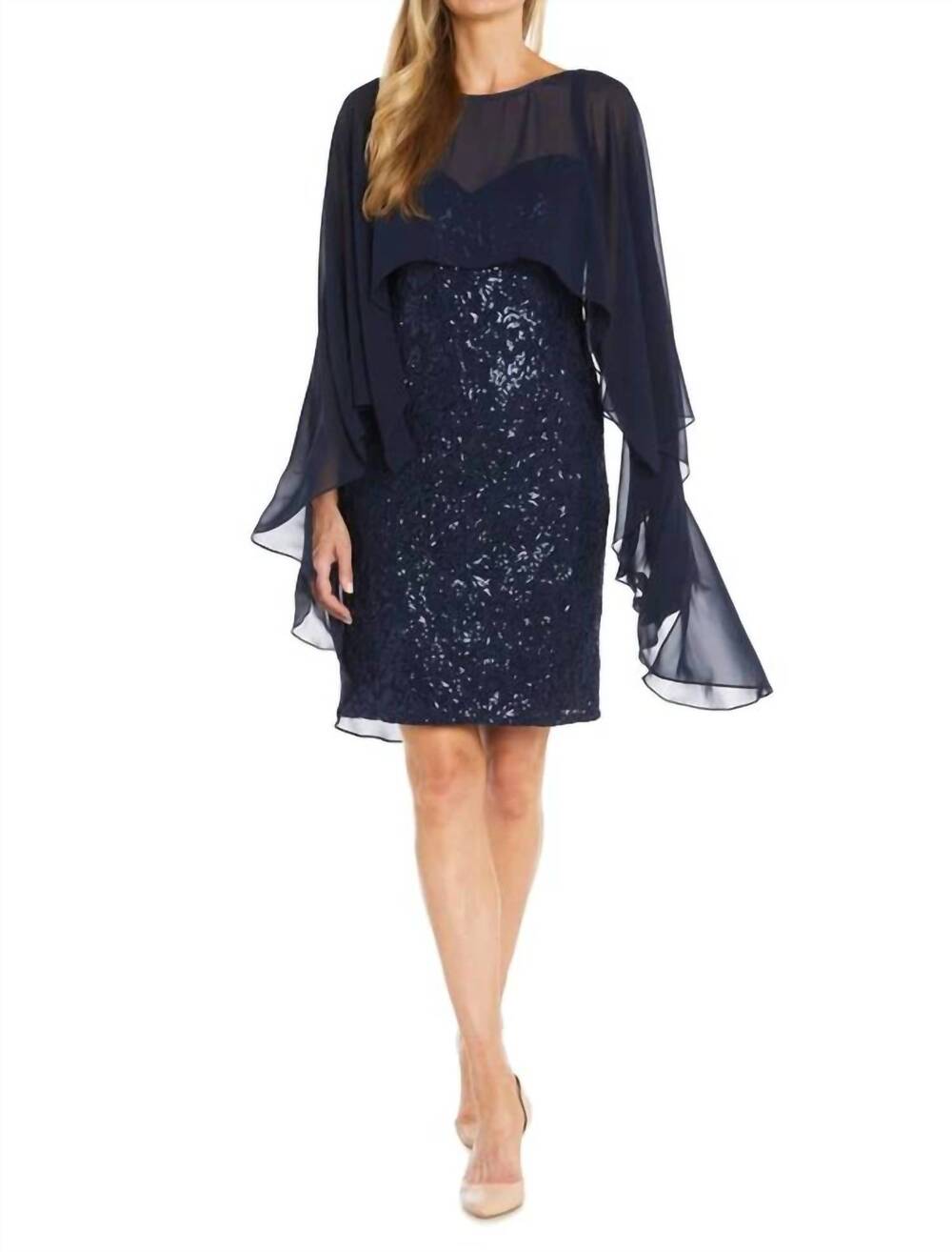 NEW R&M RICHARDS shear cape overlay sparkled dress in navy